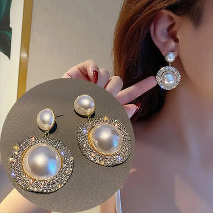 Large gold crystal pearl drop earrings for women, stylish Korean and European fashion jewelry, perfect for parties and special occasions