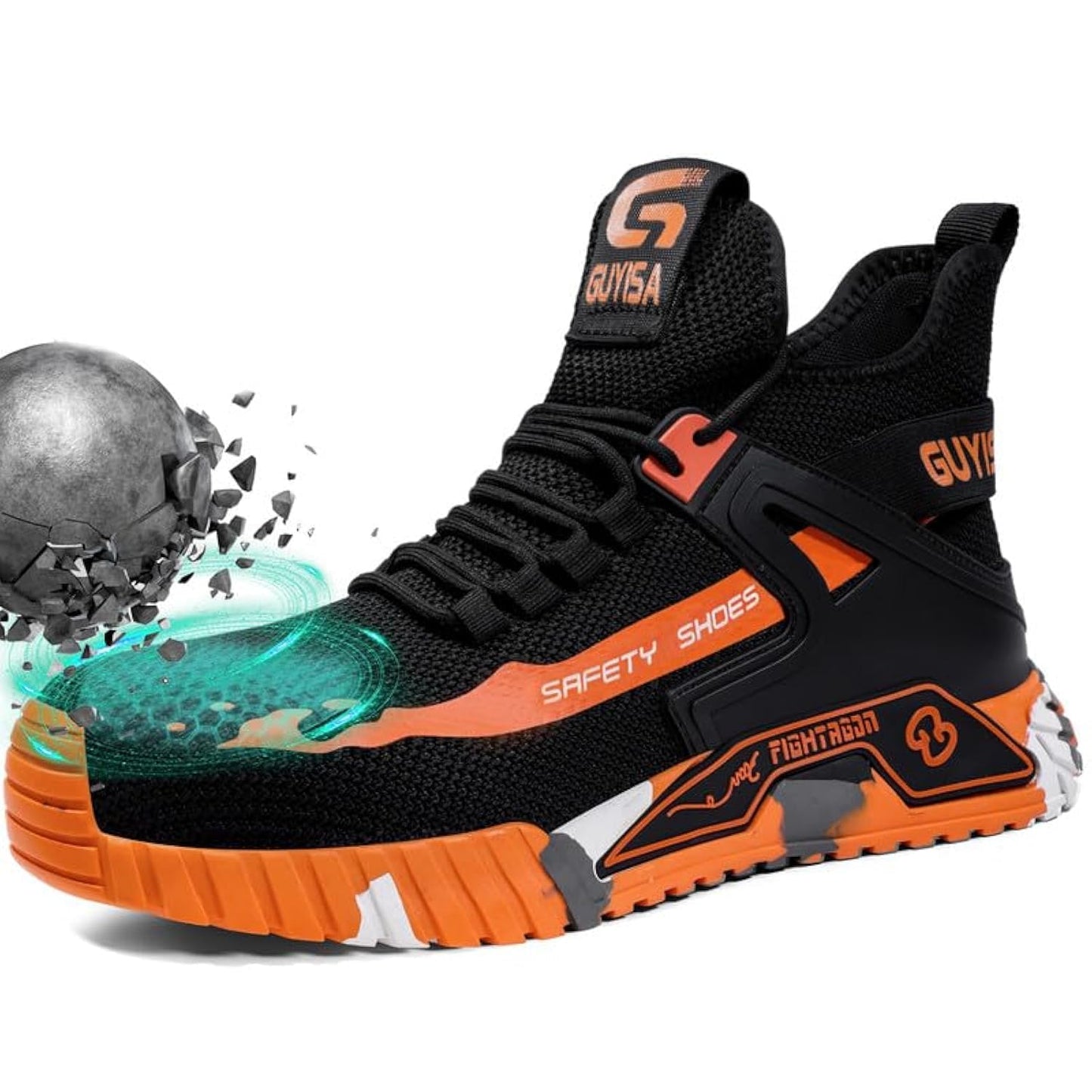 Orange steel toe work shoes for men, industrial safety boots with mid-cut design, lightweight and comfortable for construction work.