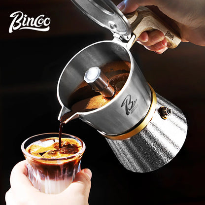 Bincoo stainless steel three-valve moka pot for stovetop espresso, 2-cup capacity, barista-quality coffee maker, durable and sleek design