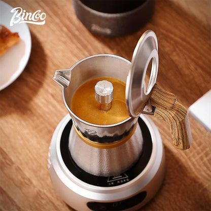 Bincoo three-valve stainless steel Moka pot for stovetop espresso, 2-cup capacity, barista-quality coffee maker.