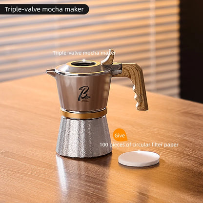 Bincoo three-valve stainless steel Moka pot for stovetop espresso, 2-cup capacity, ideal for barista-style coffee brewing