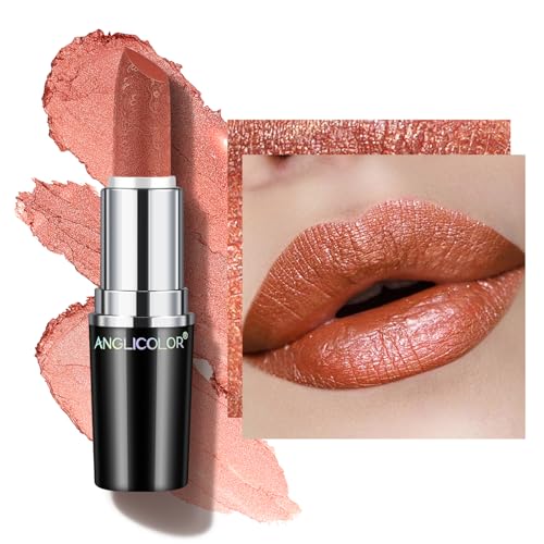Anglicolor Glitter Lipstick by BackupMyFilesNow.com in coral orange with a metallic finish, moisturizing and full-coverage for women.