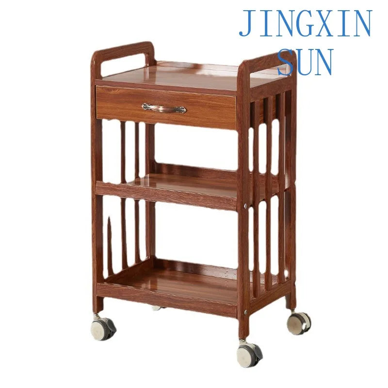 White modern beauty salon trolley with wheels, movable storage drawers, and a creative bar cart design for salon organization.