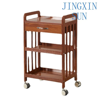 White modern beauty salon trolley with wheels, movable storage drawers, and a creative bar cart design for salon organization.