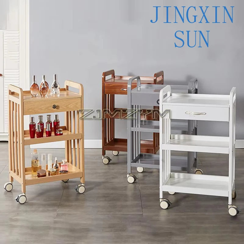 White modern beauty salon trolley cart with wheels, movable storage drawers, ideal for beauty salon tools and accessories.