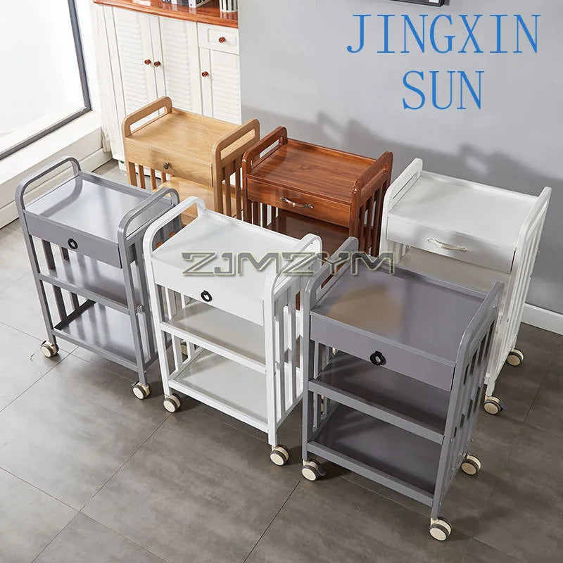 White modern beauty salon trolley with wheels, movable drawer storage, and creative bar cart design for salon organization.