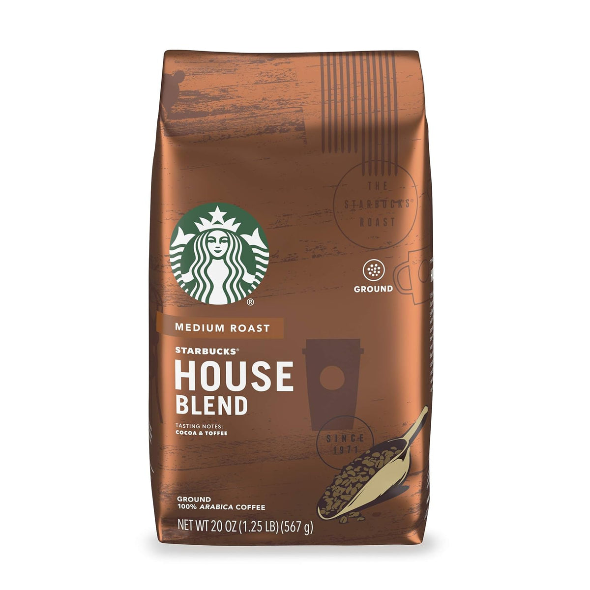 Starbucks Pike Place Roast Ground Coffee in a 28 oz bag, perfect for hot or iced medium roast coffee.