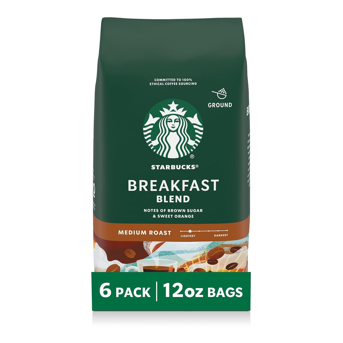 Starbucks Pike Place Roast Ground Coffee in a 28 oz bag, medium roast, suitable for hot or iced coffee.
