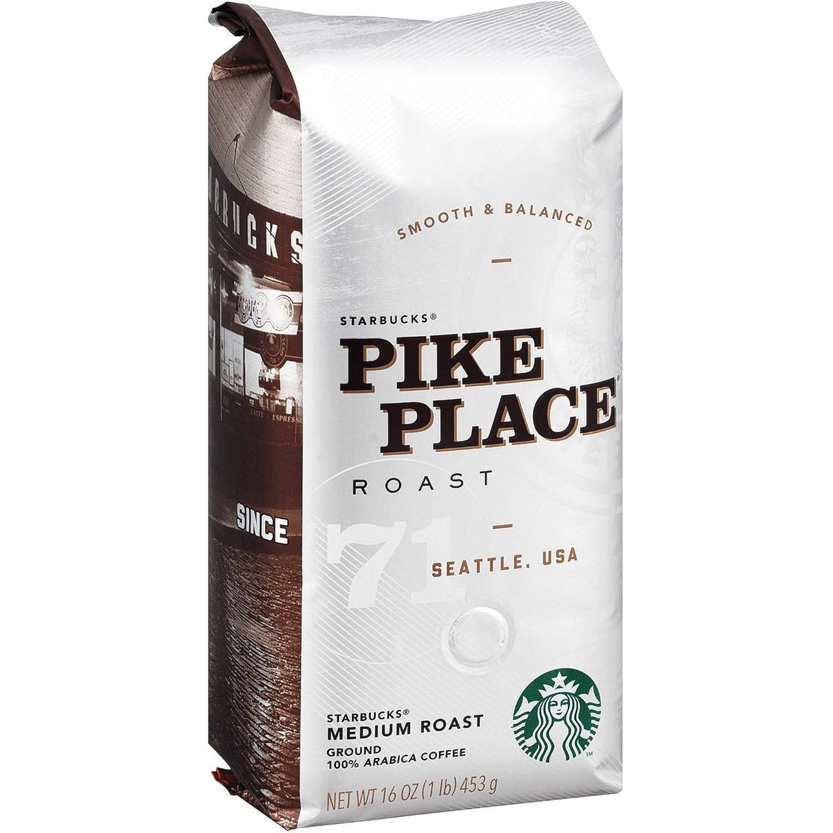 Starbucks Pike Place Roast Medium Ground Coffee in a 28 oz package, ideal for hot or iced coffee brewing.