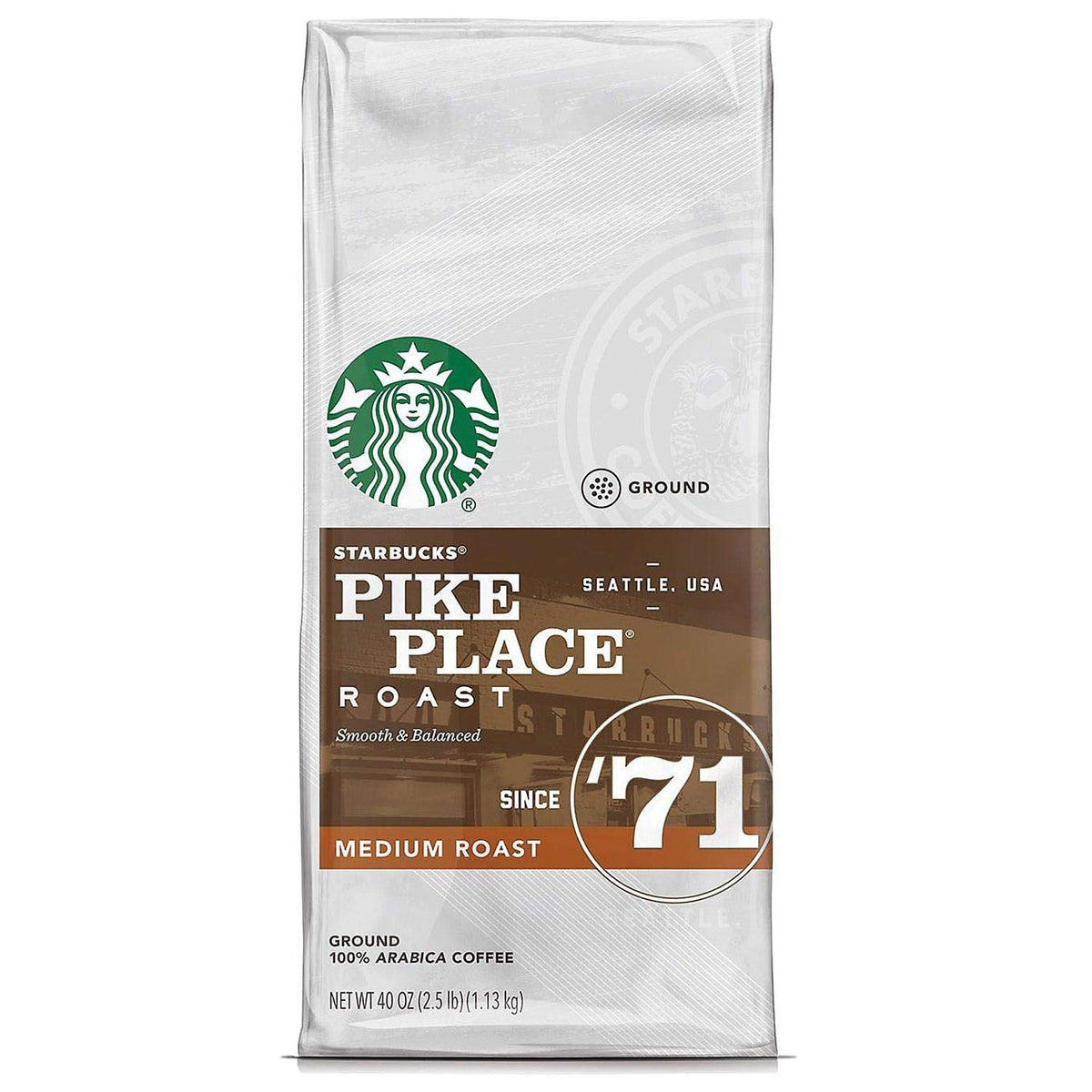 Starbucks Pike Place Ground Coffee, Medium Roast, 28 oz pack, ideal for hot or iced coffee brewing.