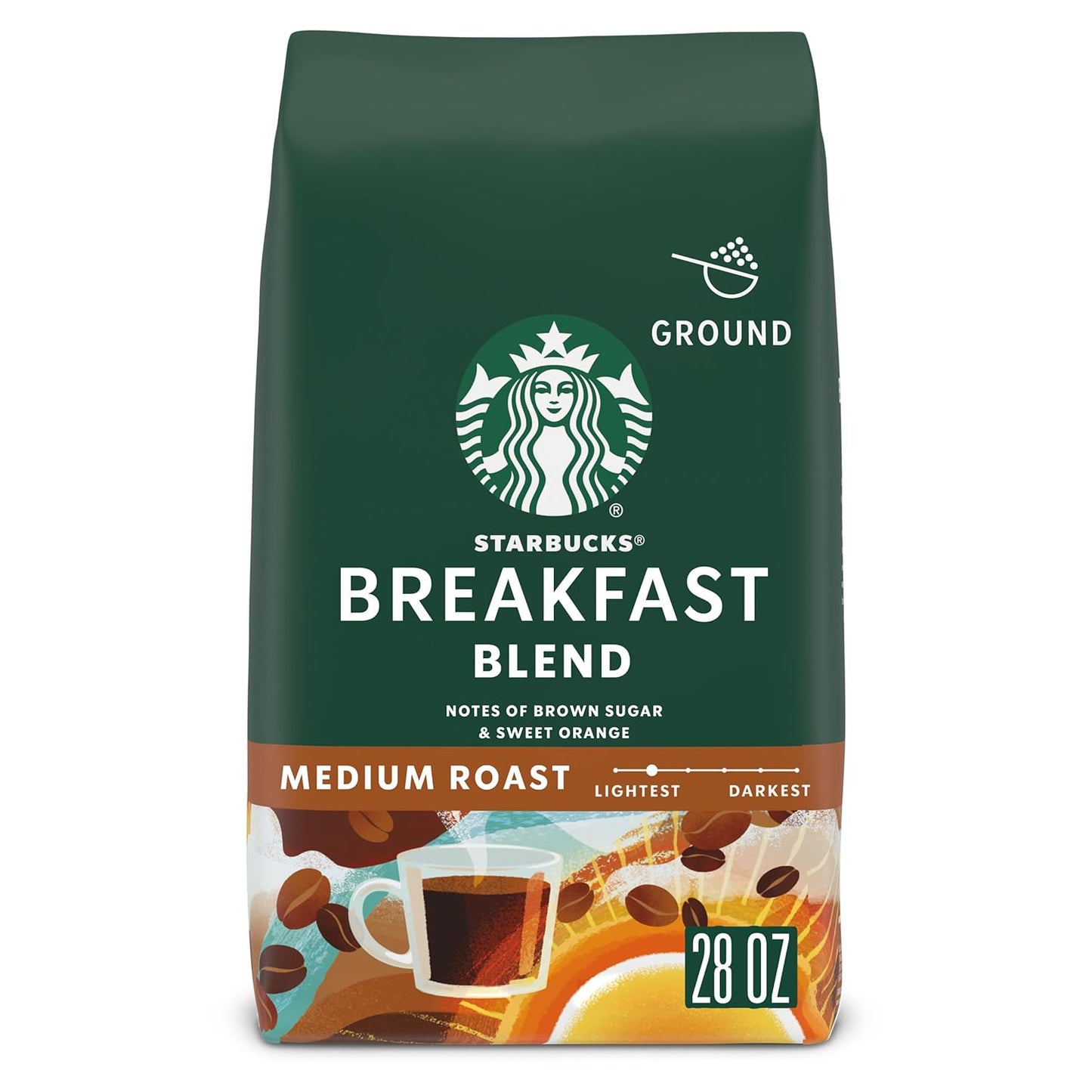 Starbucks Pike Place Roast Ground Coffee in a 28 oz package, medium roast ideal for hot or iced coffee.