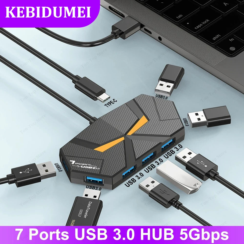 Black 7-port USB 3.0 hub and docking station with high-speed data transfer and power supply for laptops and computers.