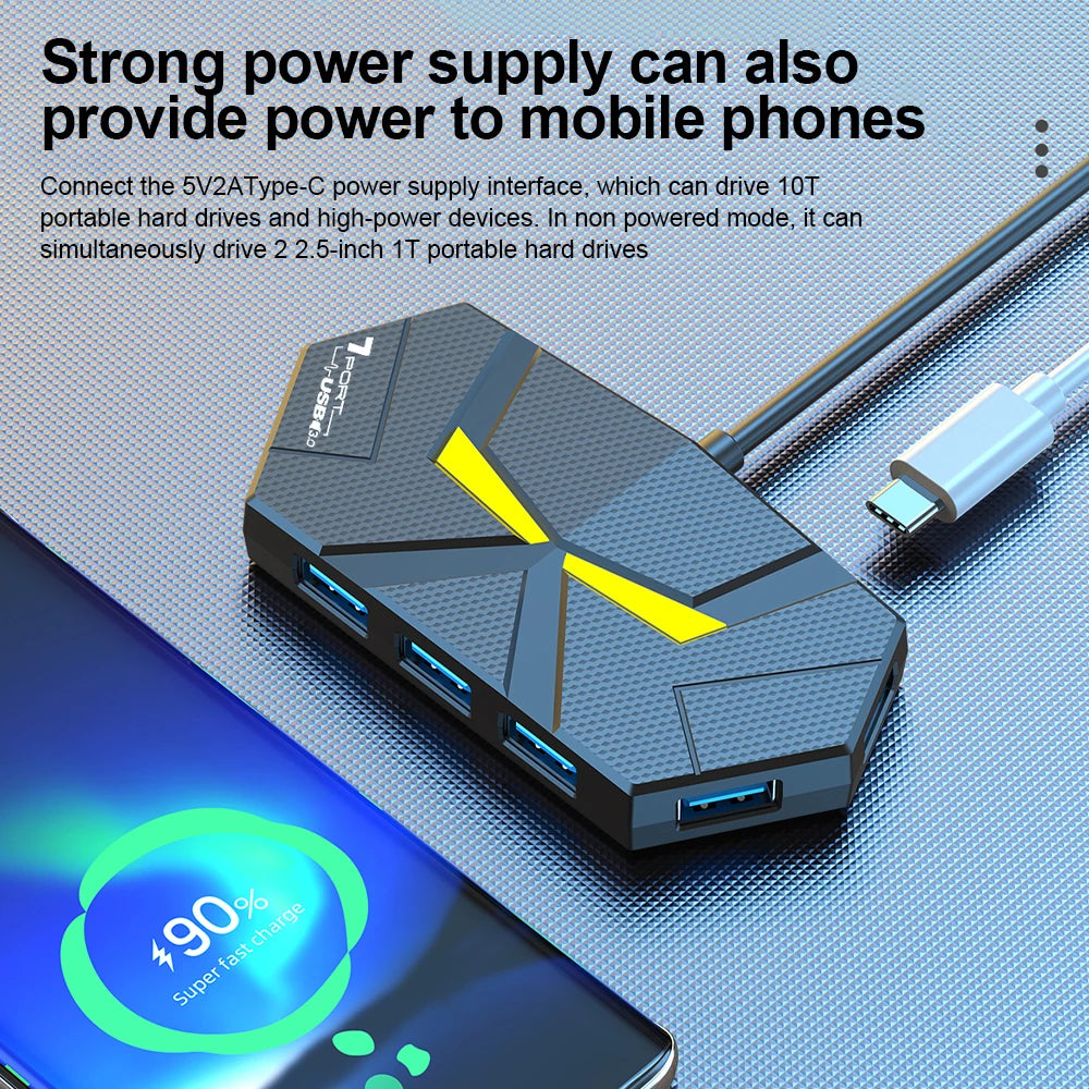 Black 7-port USB 3.0 hub and docking station with high-speed transfer, power supply, and compatibility for laptops and computers.