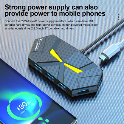 Black 7-port USB 3.0 hub and docking station with high-speed transfer, power supply, and compatibility for laptops and computers.