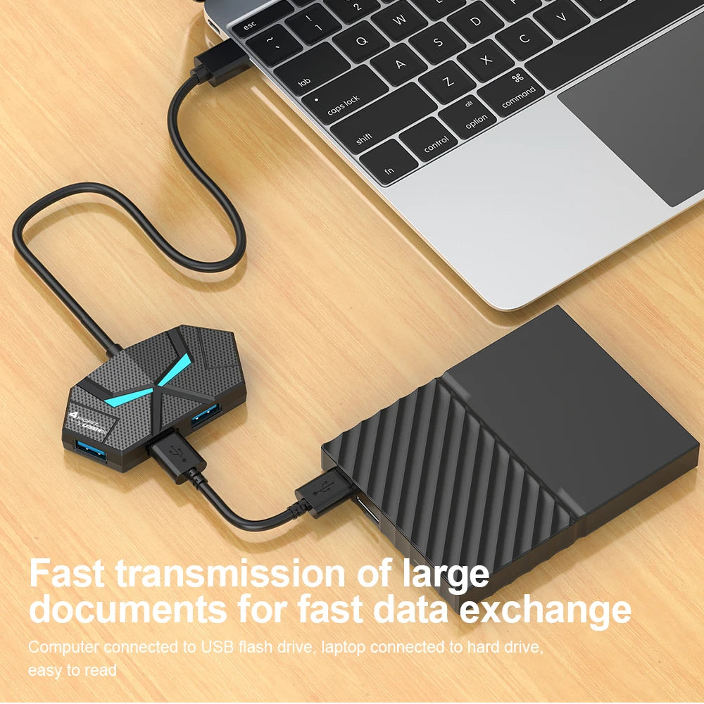 Black 7-port USB 3.0 hub and docking station with high-speed data transfer and power supply for laptops and computers.