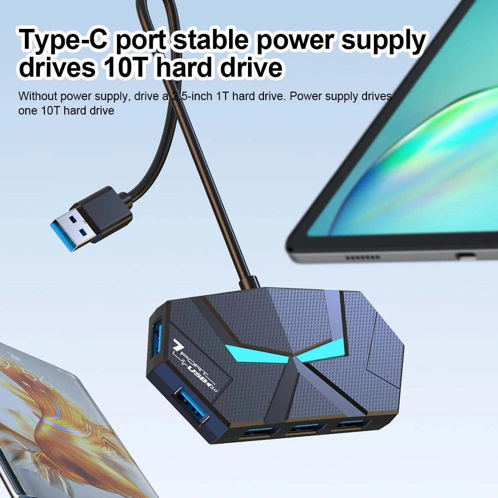 BackupMyFilesNow 7-port USB 3.0 hub and docking station with high-speed transfer, power supply, ideal for laptops and computers.