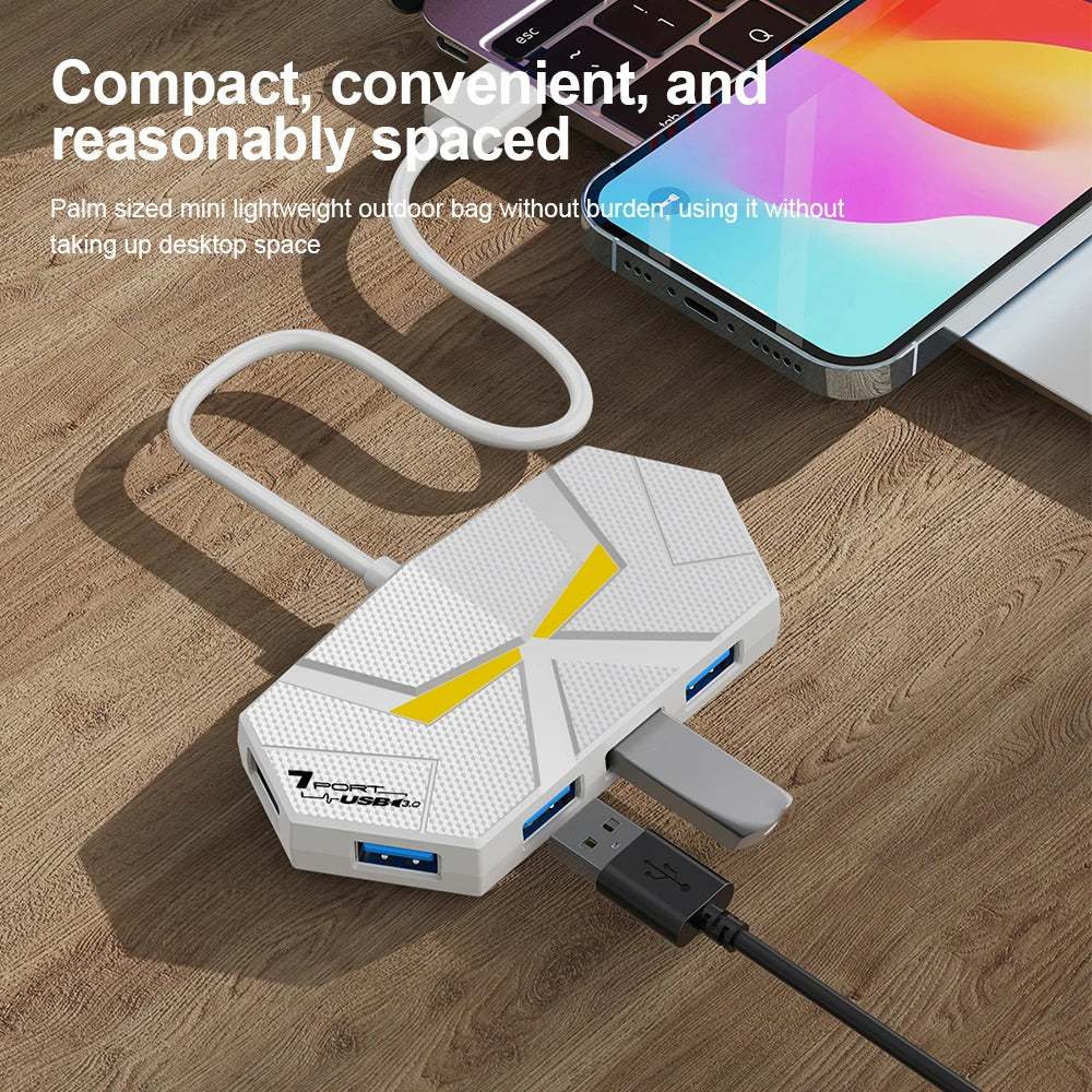 Black 7-port USB 3.0 hub and docking station with high-speed data transfer, power supply, suitable for laptops and computers.