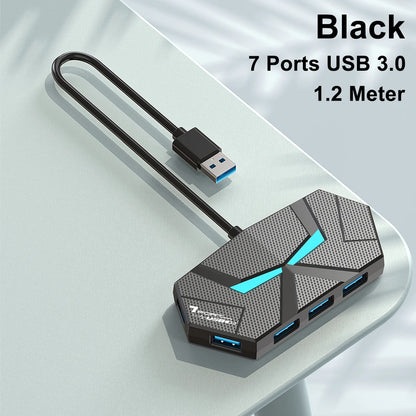 Black 7-port USB 3.0 hub and docking station with high-speed data transfer, power delivery, and compatibility for laptops and computers.
