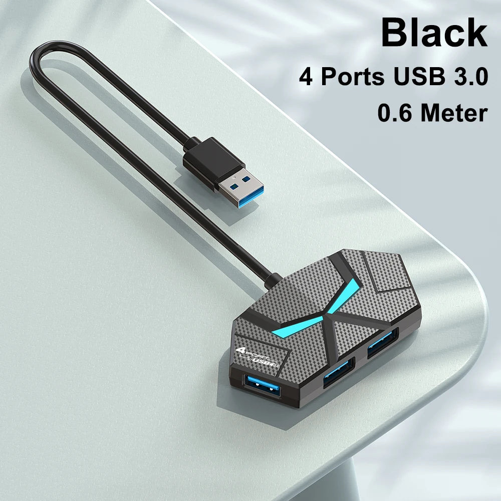 Black 7-port USB 3.0 hub and docking station with high-speed data transfer, power delivery, and compatibility for laptops and computers.