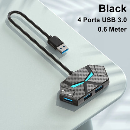 Black 7-port USB 3.0 hub and docking station with high-speed data transfer, power delivery, and compatibility for laptops and computers.