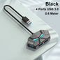 Black 7-port USB 3.0 hub and docking station with high-speed data transfer, power delivery, and compatibility for laptops and computers.