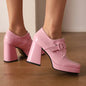 Ladies pumps by NASBAVI with square toe, 9.5cm block heels, platform, and belt buckle in plus sizes 46-48, ideal for fashion and parties.