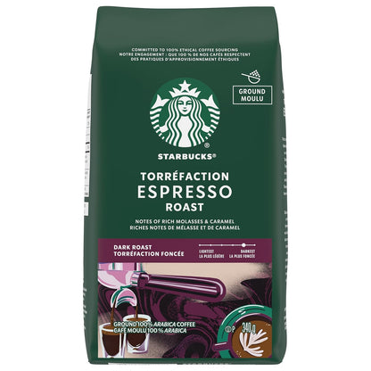 Six 12 oz bags of Starbucks Dark Roast Ground Coffee, variety pack with caramel flavor for hot or iced coffee.
