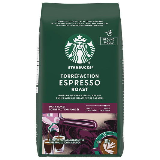 Six 12 oz bags of Starbucks Dark Roast Ground Coffee, variety pack with caramel flavor for hot or iced coffee.