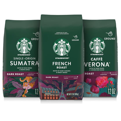 Six 3.3 oz bags of Starbucks Dark Roast Ground Coffee, variety pack for hot or iced coffee, featuring caramel flavor.