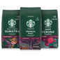 Six 3.3 oz bags of Starbucks Dark Roast Ground Coffee, variety pack for hot or iced coffee, featuring caramel flavor.