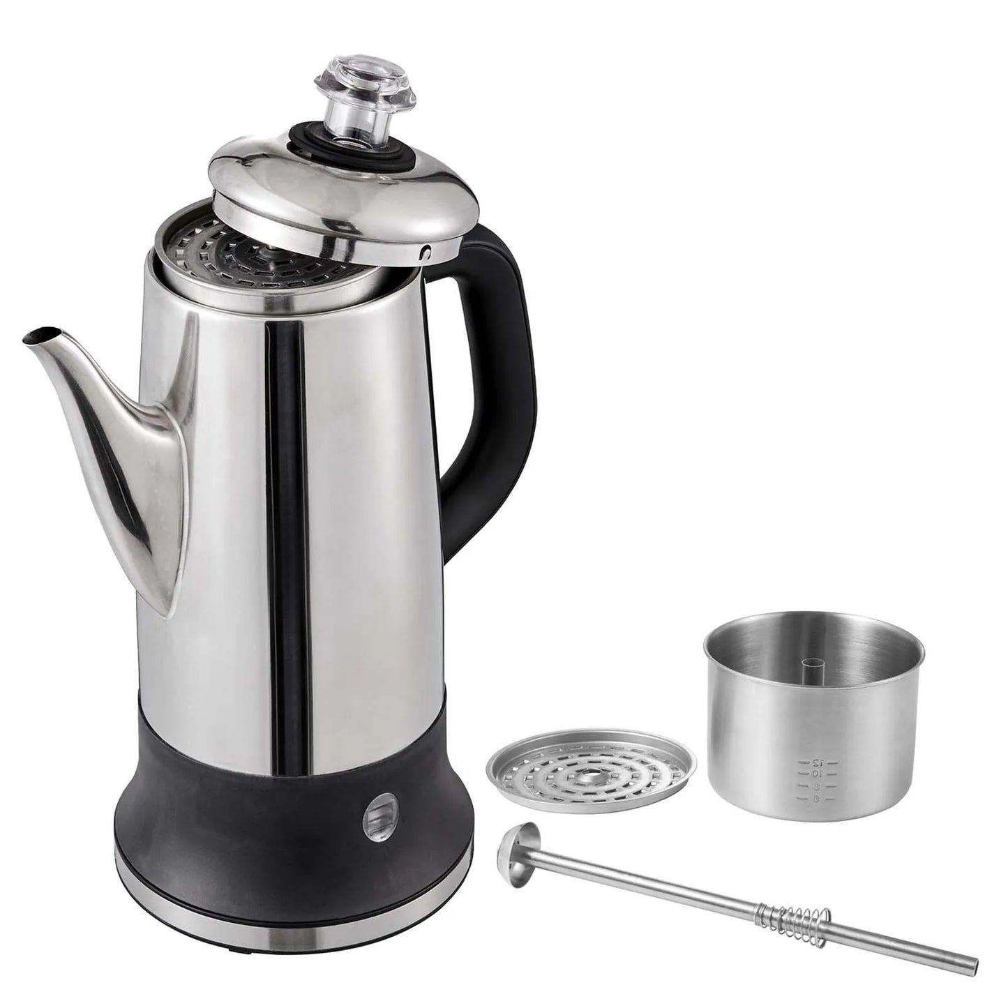 SucceBuy 12-cup electric coffee percolator in stainless steel with keep warm function, ideal for brewing coffee at home.