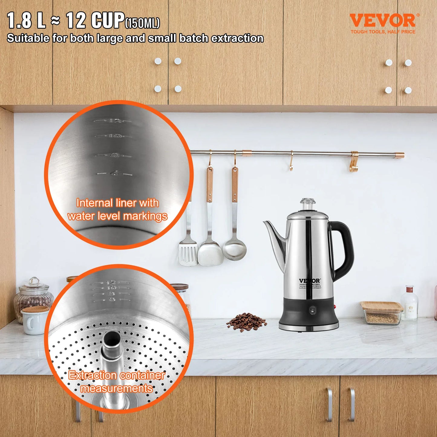 SucceBuy 12-cup electric coffee percolator in stainless steel with keep warm feature, suitable for brewing and serving coffee.