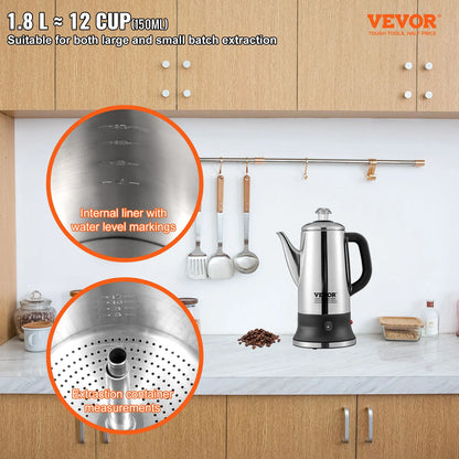 SucceBuy 12-cup electric coffee percolator in stainless steel with keep warm feature, suitable for brewing and serving coffee.