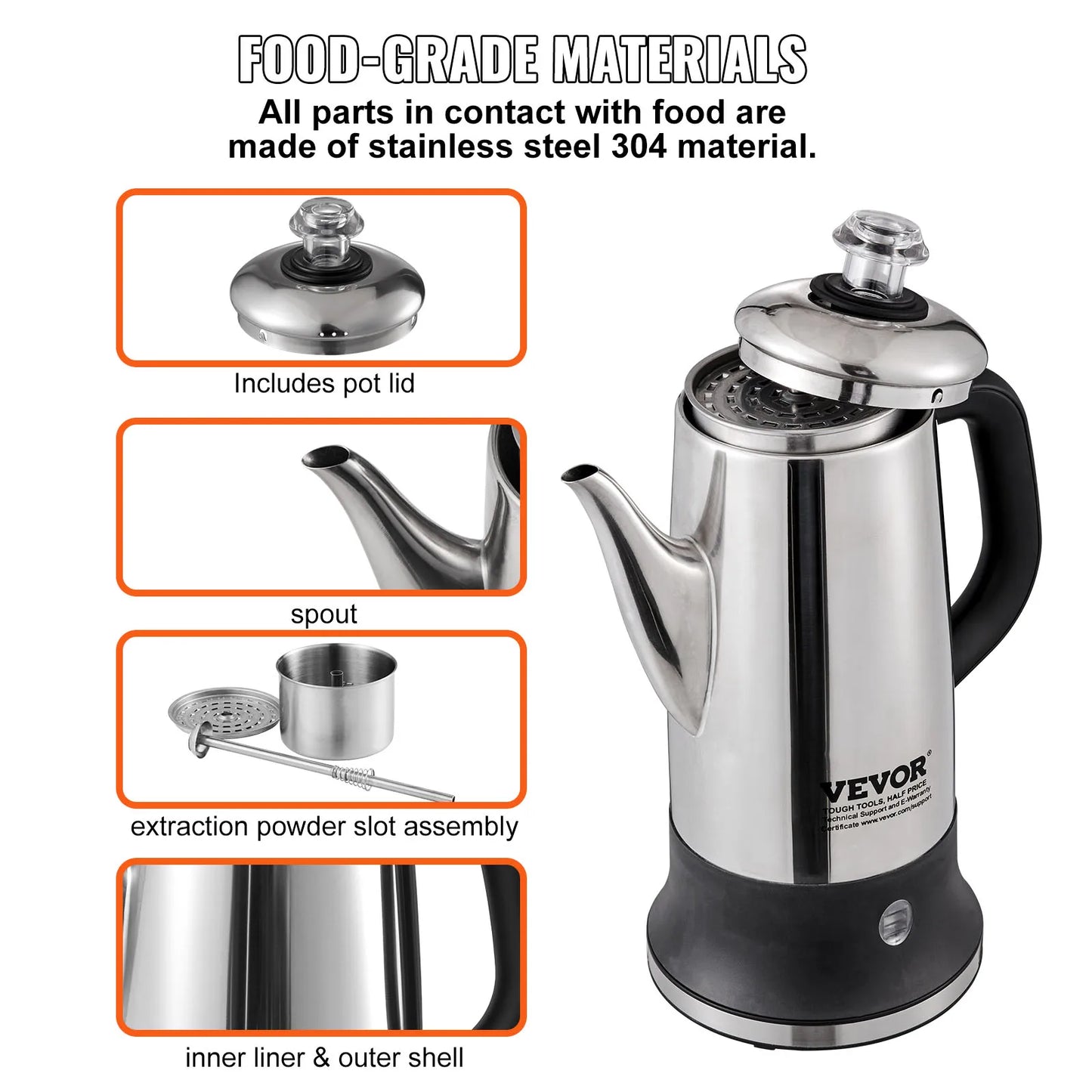 SucceBuy 12-cup electric coffee percolator in stainless steel with keep warm function, featuring a sleek design and 1000W power.