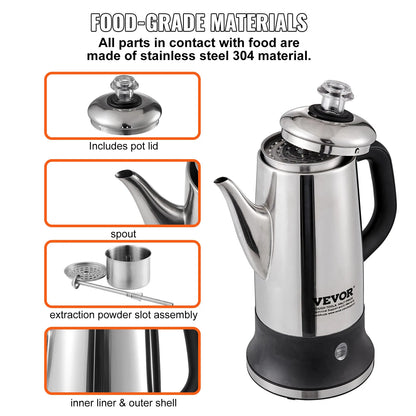 SucceBuy 12-cup electric coffee percolator in stainless steel with keep warm function, featuring a sleek design and 1000W power.