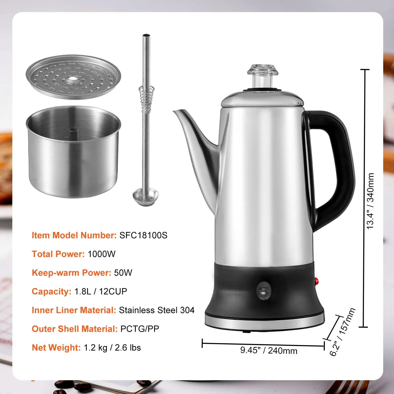 SucceBuy 12-cup electric coffee percolator in stainless steel with keep warm function and 1000W power.