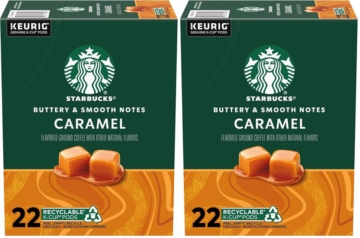 Starbucks Caramel Flavored K-Cup Coffee Pods in a box of 40 for Keurig brewers, made with 100% Arabica coffee.