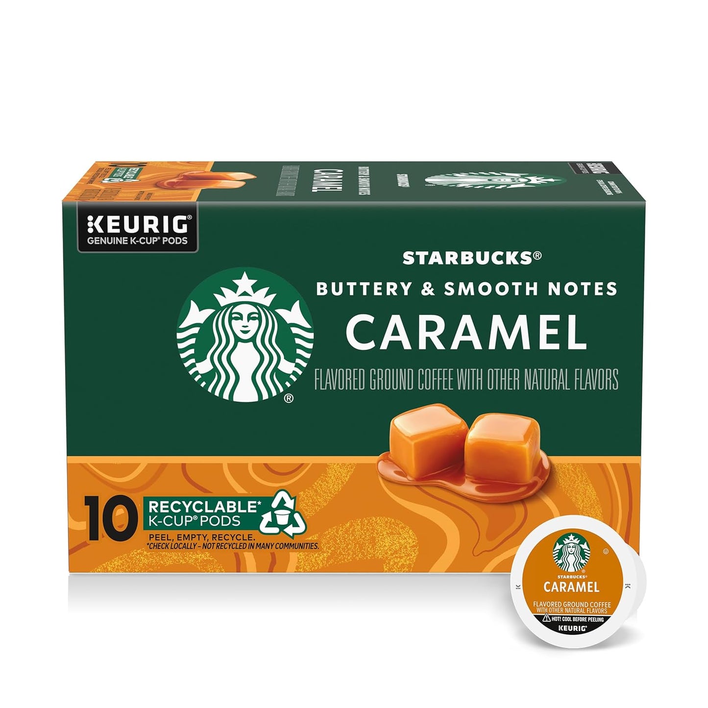 Starbucks Caramel Flavored Coffee K-Cup Pods, 100% Arabica, 40-pack in a box, designed for Keurig coffee makers.