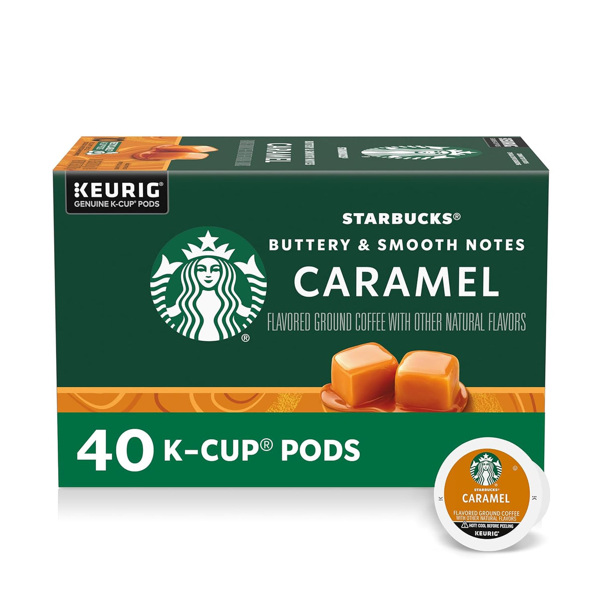 Starbucks Caramel Flavored K-Cup Coffee Pods box with 40 Arabica coffee pods, showcasing the caramel flavor and coffee packaging.