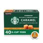 Starbucks Caramel Flavored K-Cup Coffee Pods box with 40 Arabica coffee pods, showcasing the caramel flavor and coffee packaging.