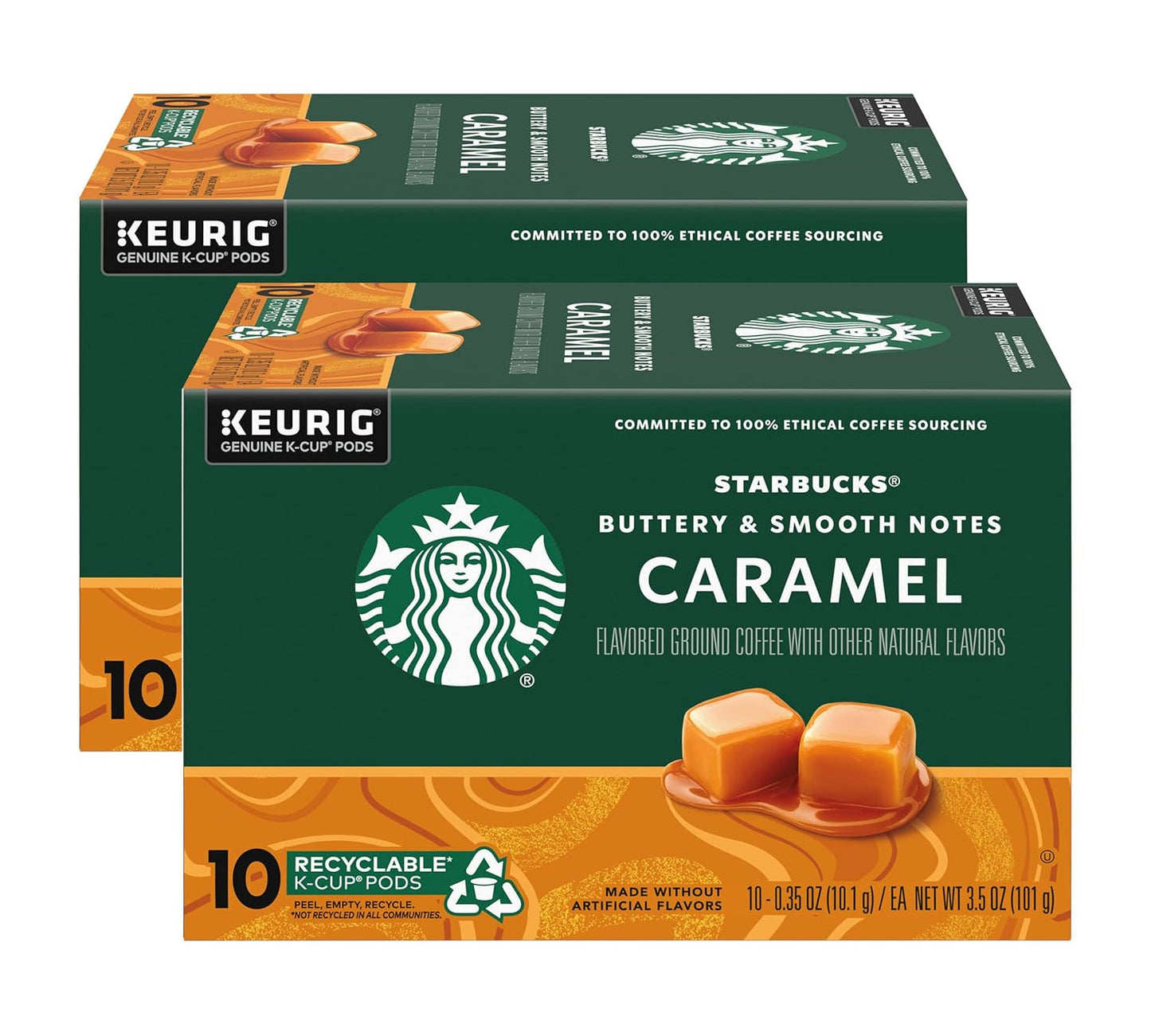 Starbucks caramel flavored K-Cup coffee pods in a box of 40, made with 100% Arabica coffee for Keurig brewers.
