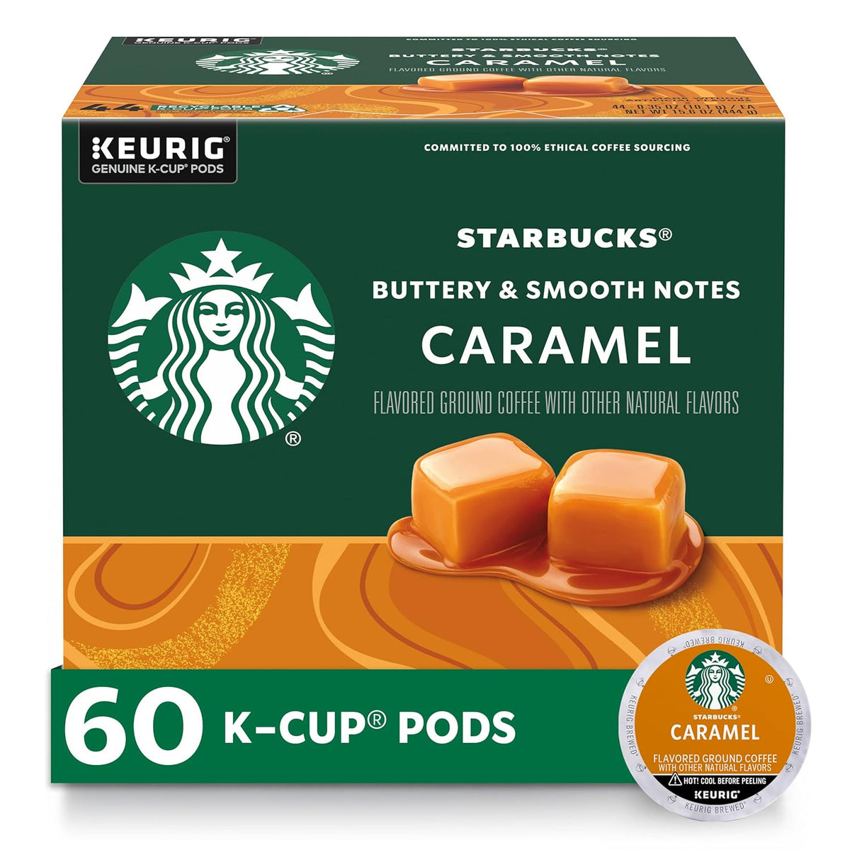 Starbucks Caramel Flavored K-Cup Coffee Pods, 100% Arabica, 40 pods in a box, for single-serve coffee makers.
