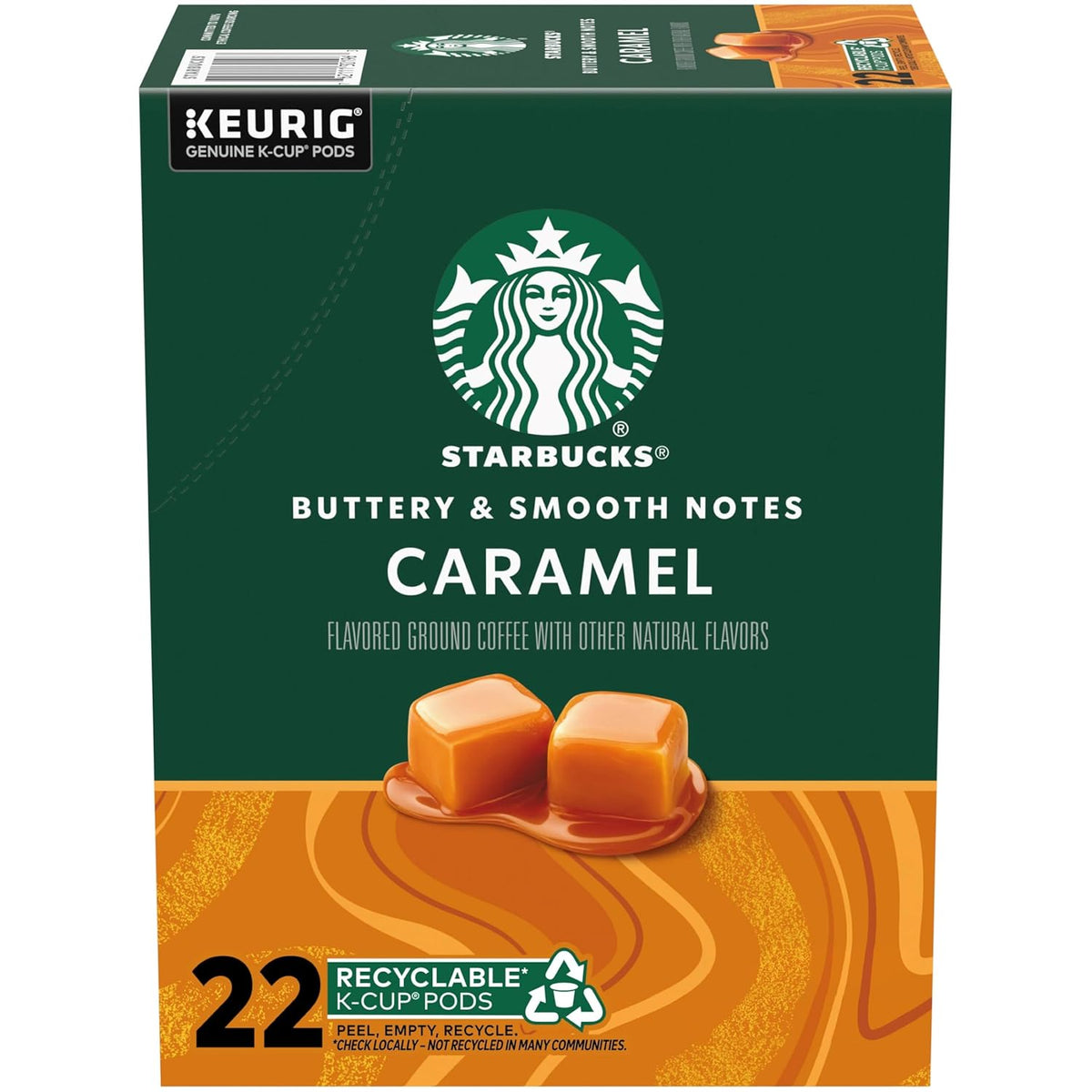 Starbucks Caramel Flavored K-Cup Coffee Pods in a box of 40, made with 100% Arabica beans, for Keurig brewing.
