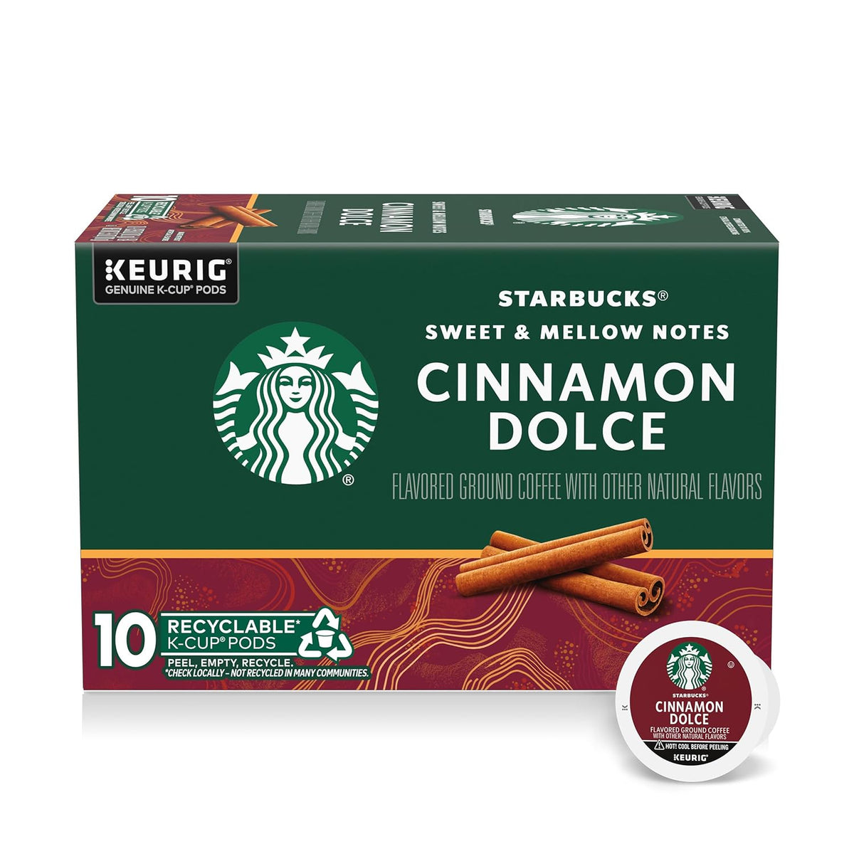 Starbucks Caramel Flavored K-Cup Coffee Pods, 40-pack, 100% Arabica coffee, in a box with individual pods visible.