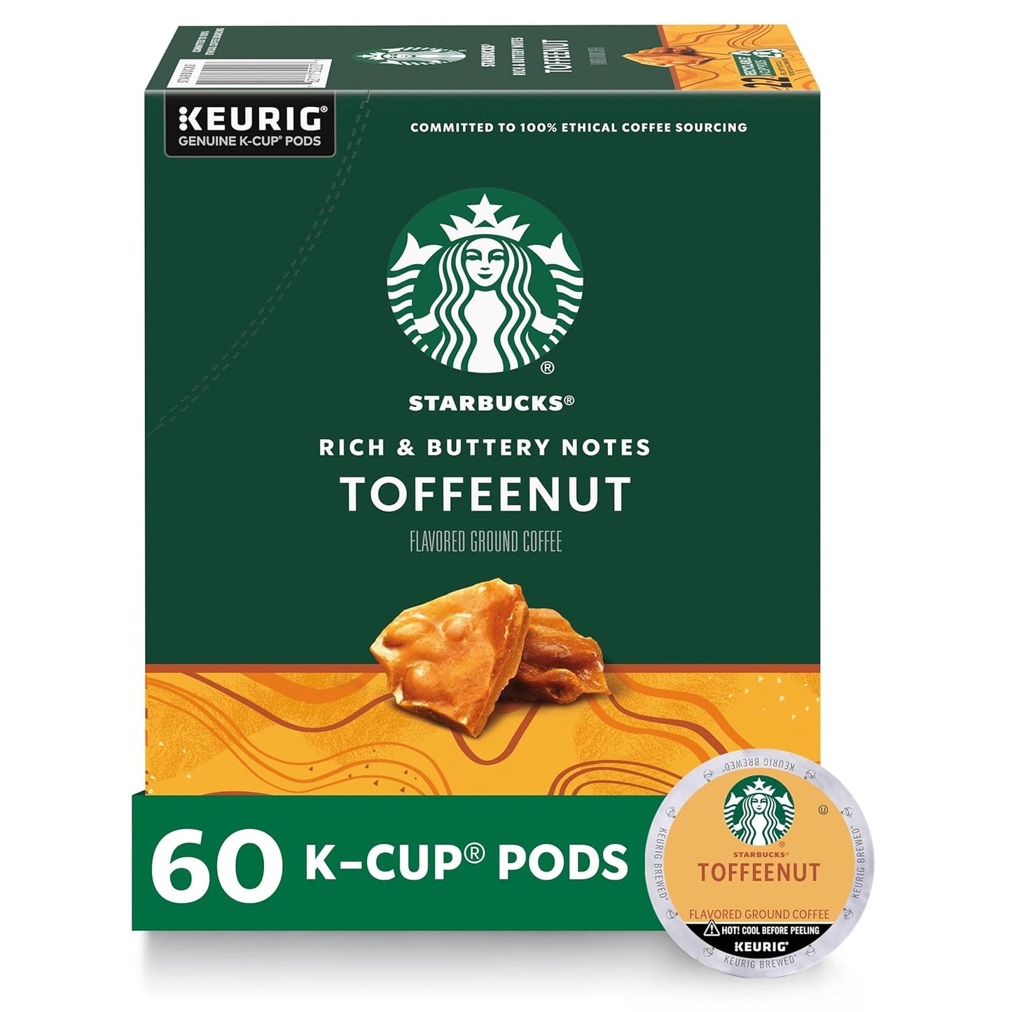 Starbucks Cinnamon Dolce K-Cup coffee pods for Keurig, flavored hot or iced coffee, 22-pack, with caramel and cinnamon flavoring.