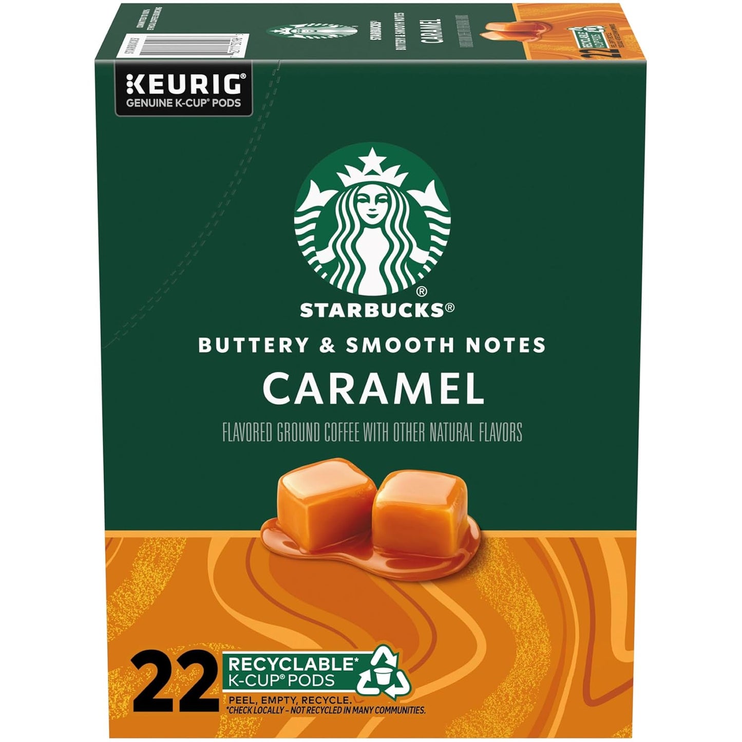 Starbucks Cinnamon Dolce K-Cup coffee pods for Keurig, flavored hot or iced coffee, 22-pack, with caramel and cinnamon notes.