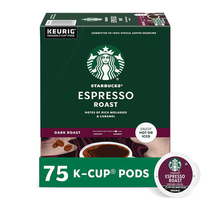 Starbucks K-Cup coffee pods, dark roast espresso, 100% Arabica, for Keurig coffee makers, 75 pods in a box.