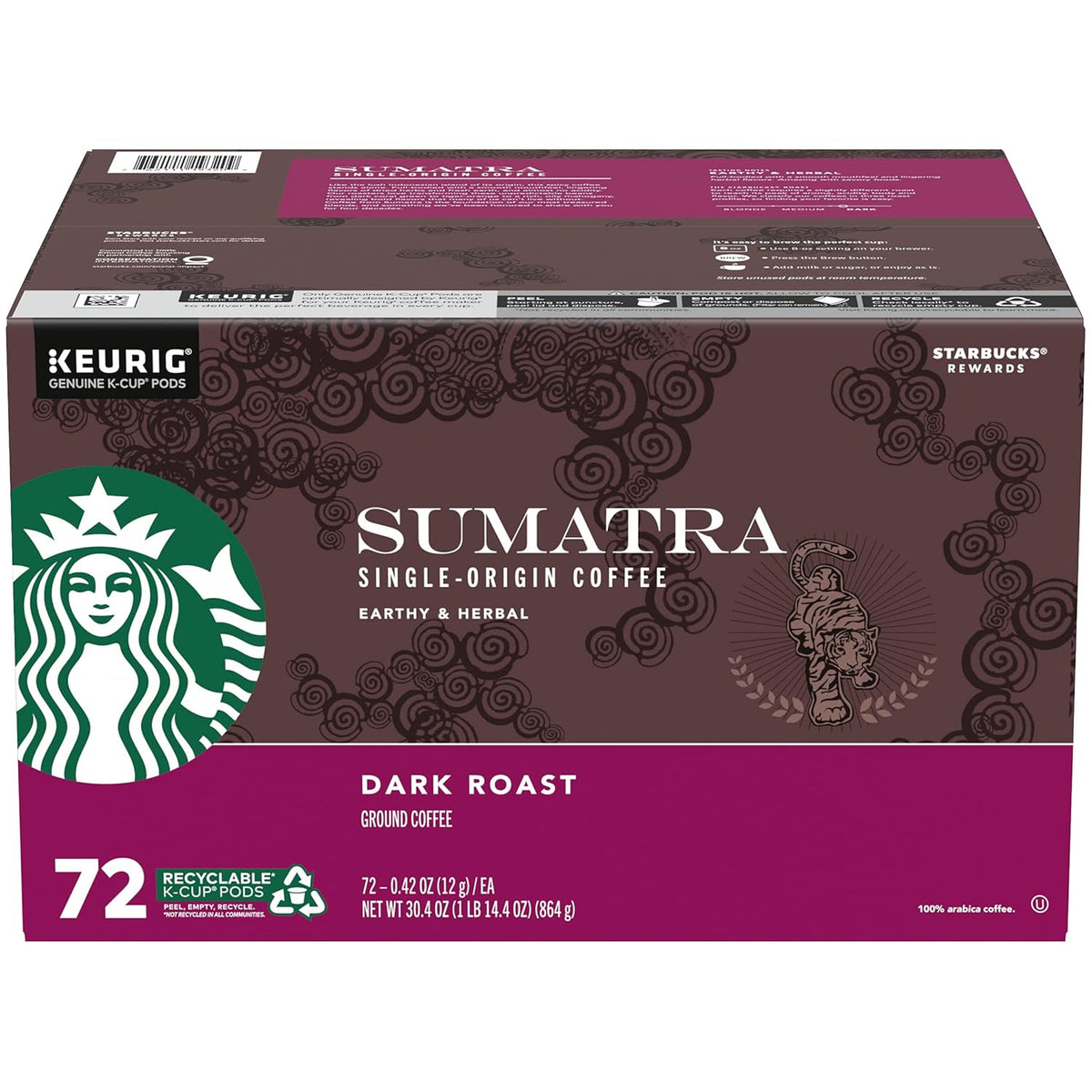 Starbucks K-Cup dark roast coffee pods for Keurig, 100% Arabica Sumatra flavor, 4 boxes, 96 pods total, by BACKUPMYFILESNOW.COM®.