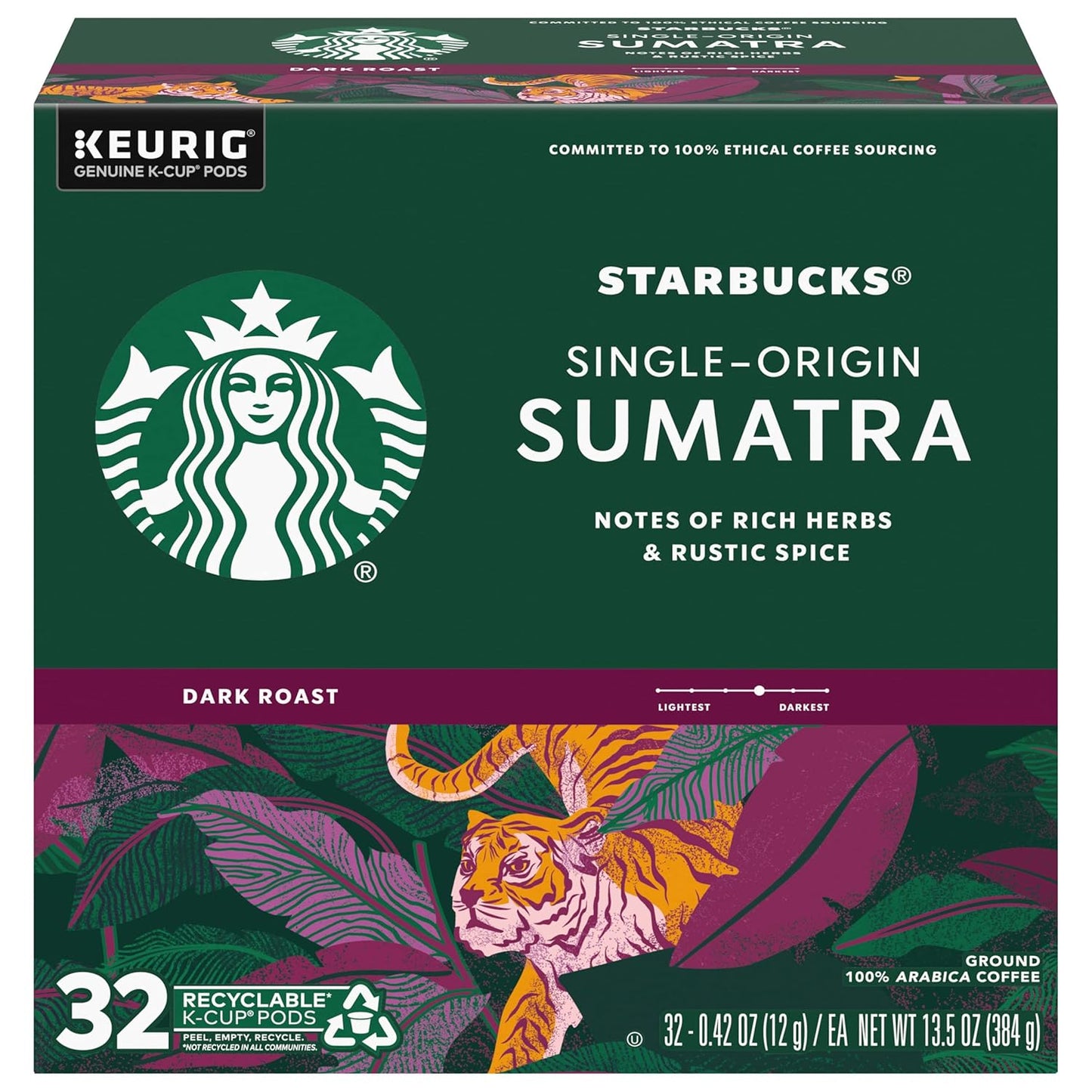 Starbucks K-Cup coffee pods, dark roast Sumatra, 100% Arabica, for Keurig brewers, four boxes with 96 pods total