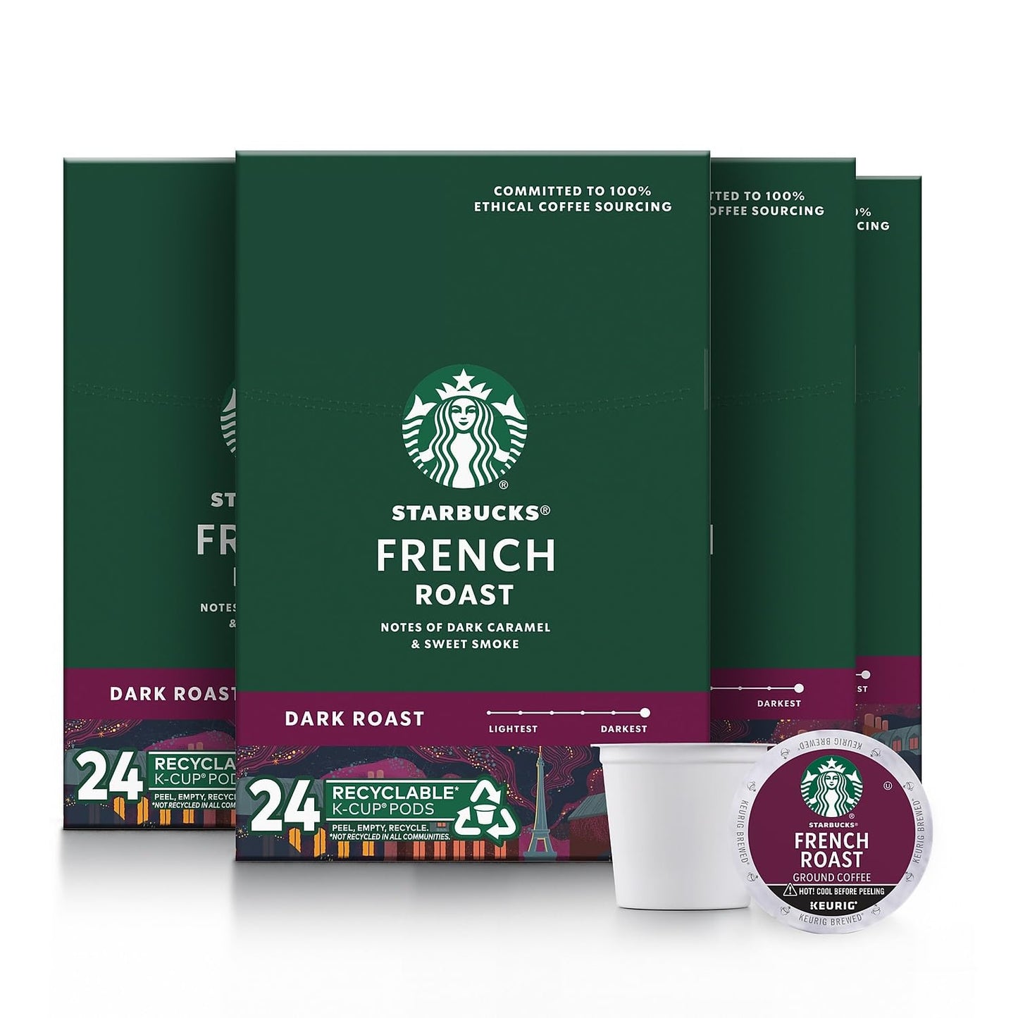Starbucks Dark Roast Sumatra K-Cup coffee pods for Keurig brewers, 100% Arabica, four boxes with 96 pods total.